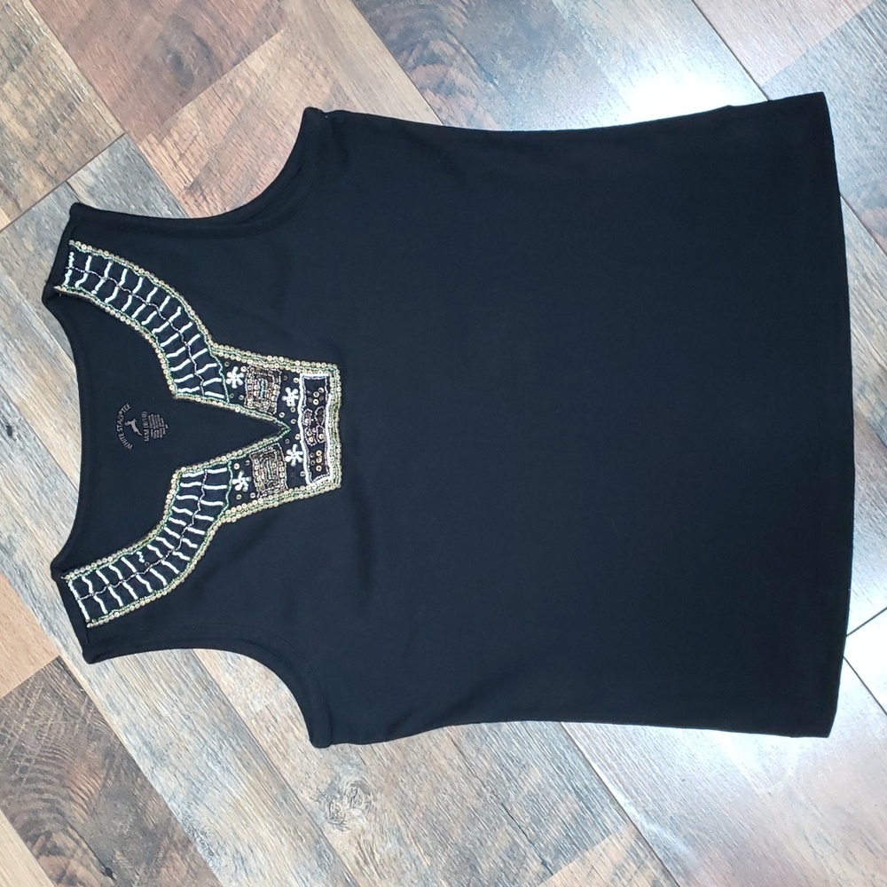 White Stag Black Tank with Beaded Sequined Neckline, Size Medium